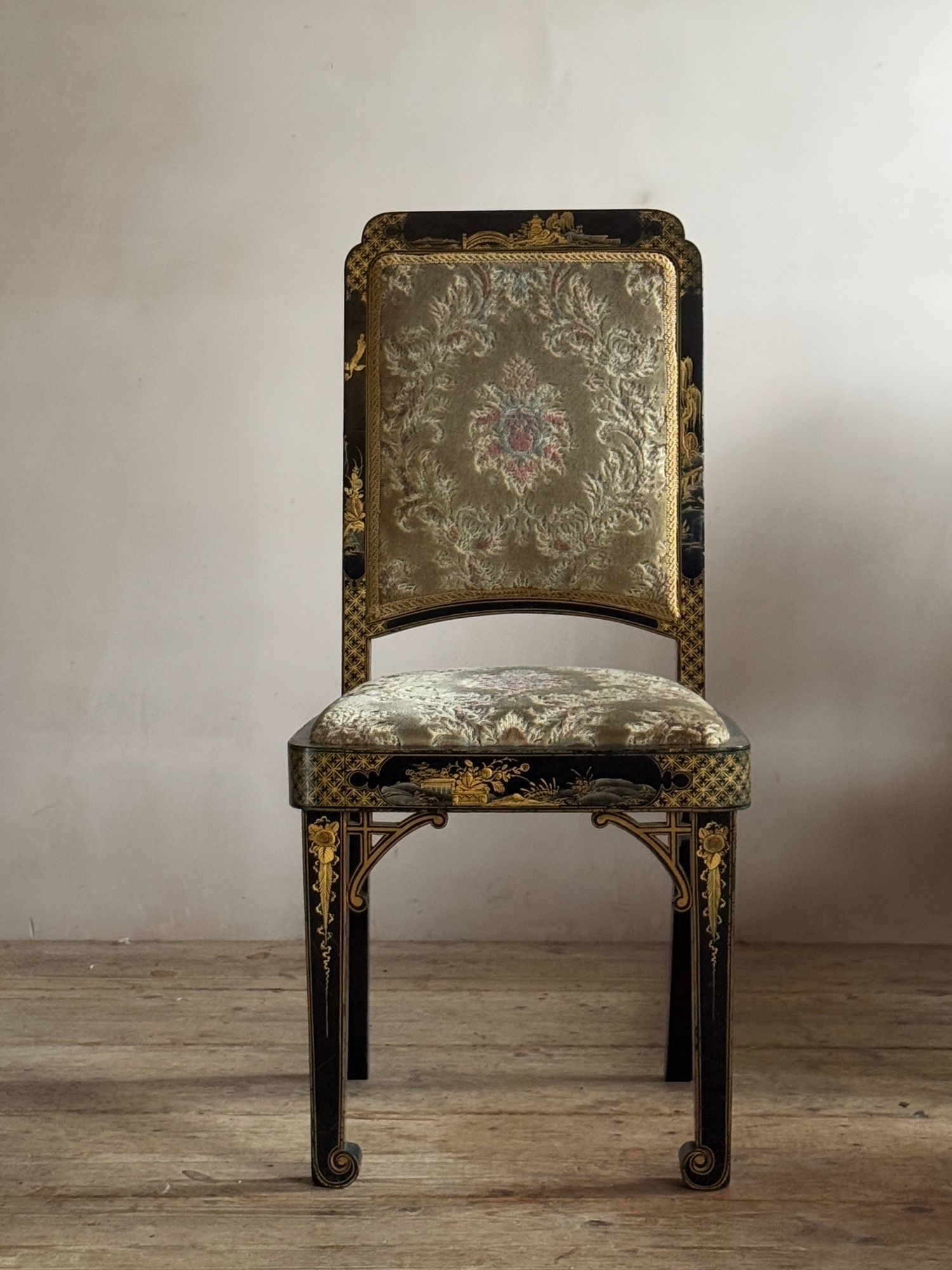 Four black and gold lacquered chinoiserie dining chairs. image 3