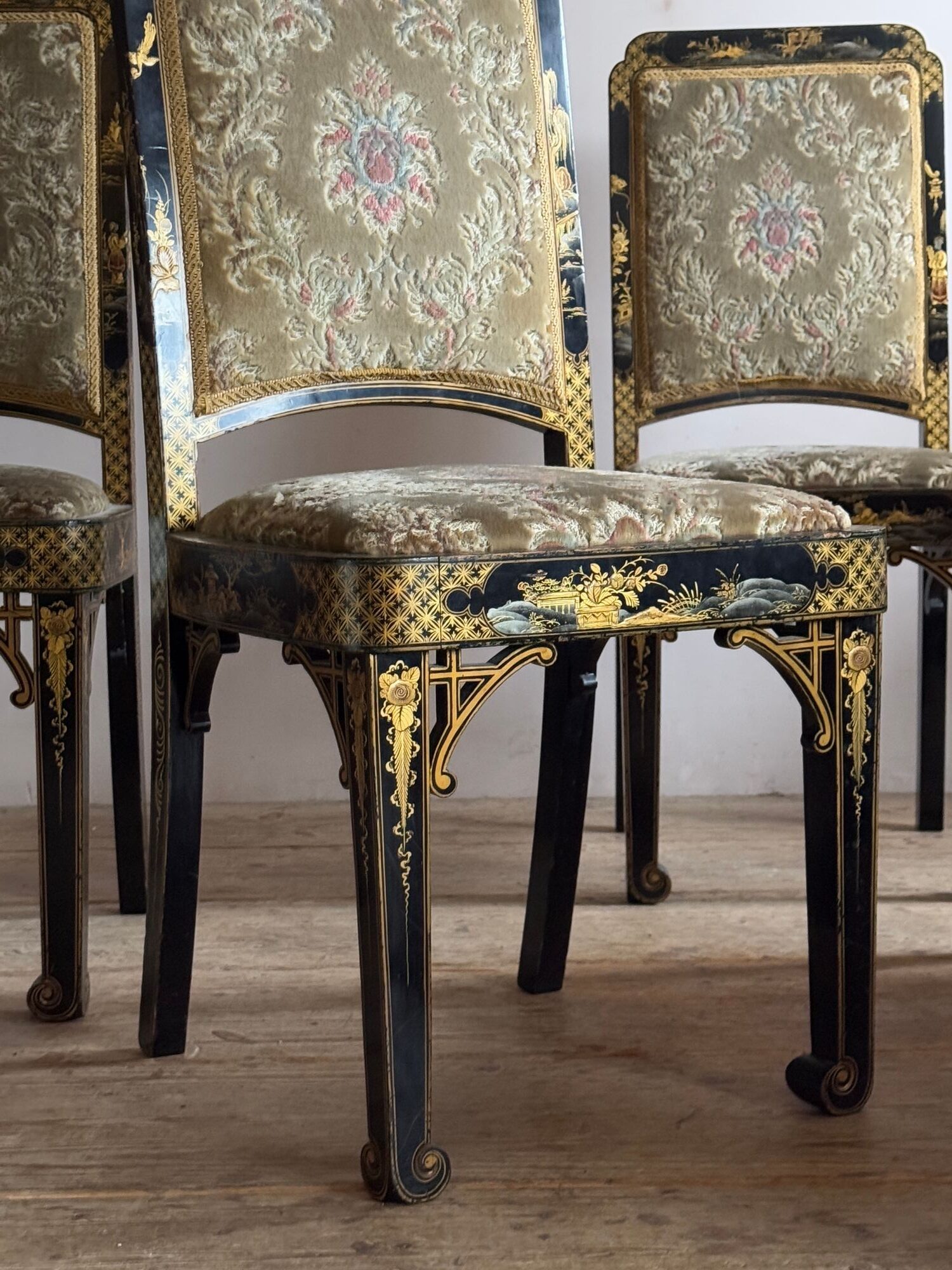 Four black and gold lacquered chinoiserie dining chairs. image 11