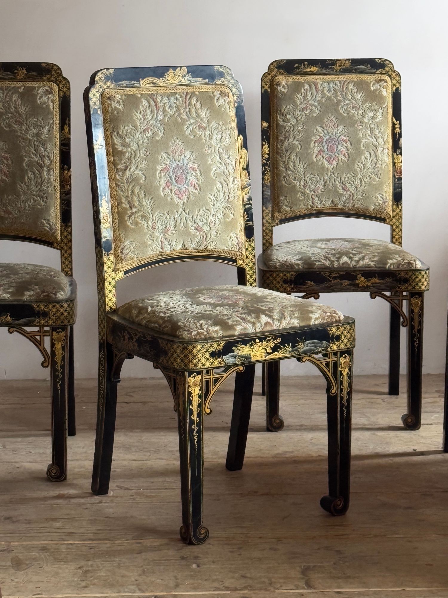 Four black and gold lacquered chinoiserie dining chairs. image 10