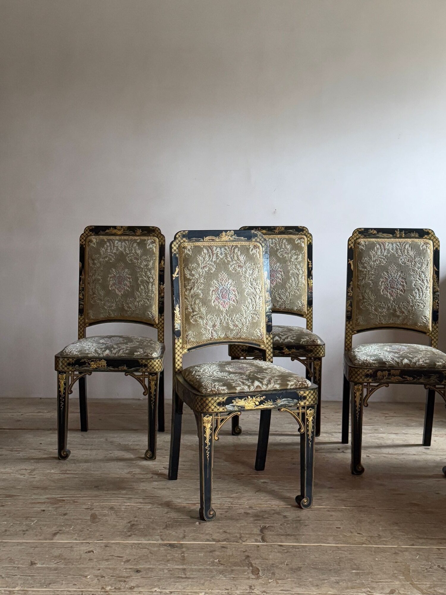 Four black and gold lacquered chinoiserie dining chairs. image 9