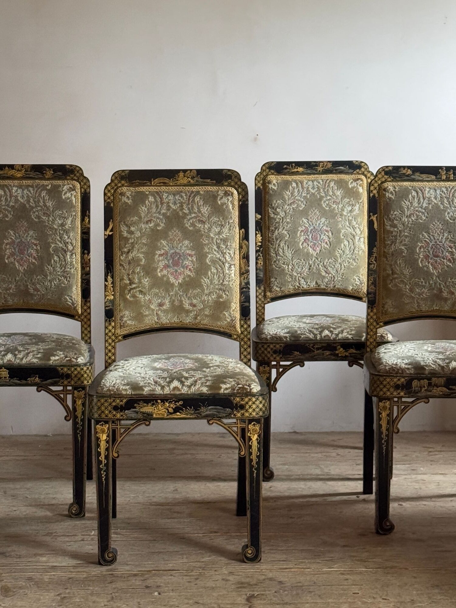 Four black and gold lacquered chinoiserie dining chairs. image 12